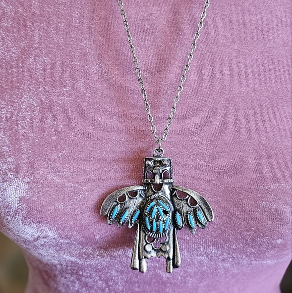 Vintage 70's Kachina pendant. Silver tone metal and faux turquoise. - Picture 5 of 6